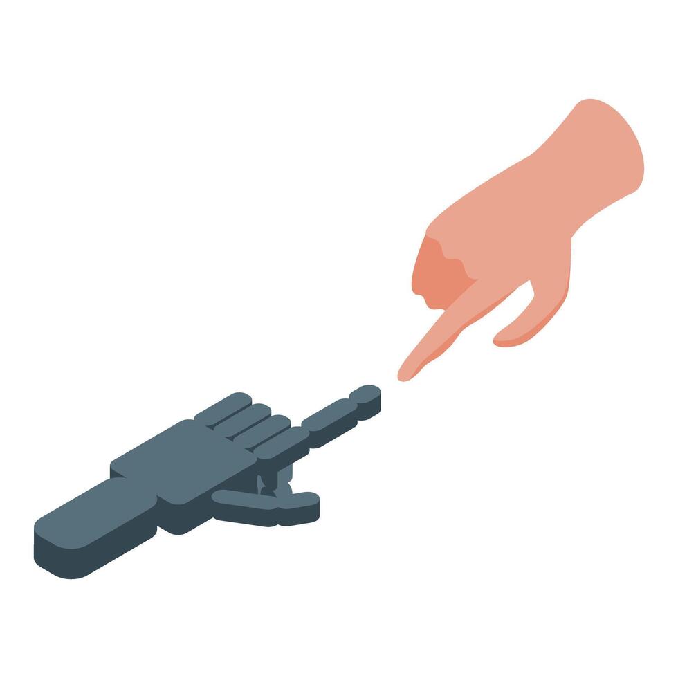 Robotic arm and human hand pointing at each other in isometric view vector