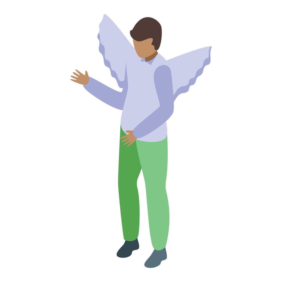 Young man with angel wings is smiling and gesturing isometric illustration vector