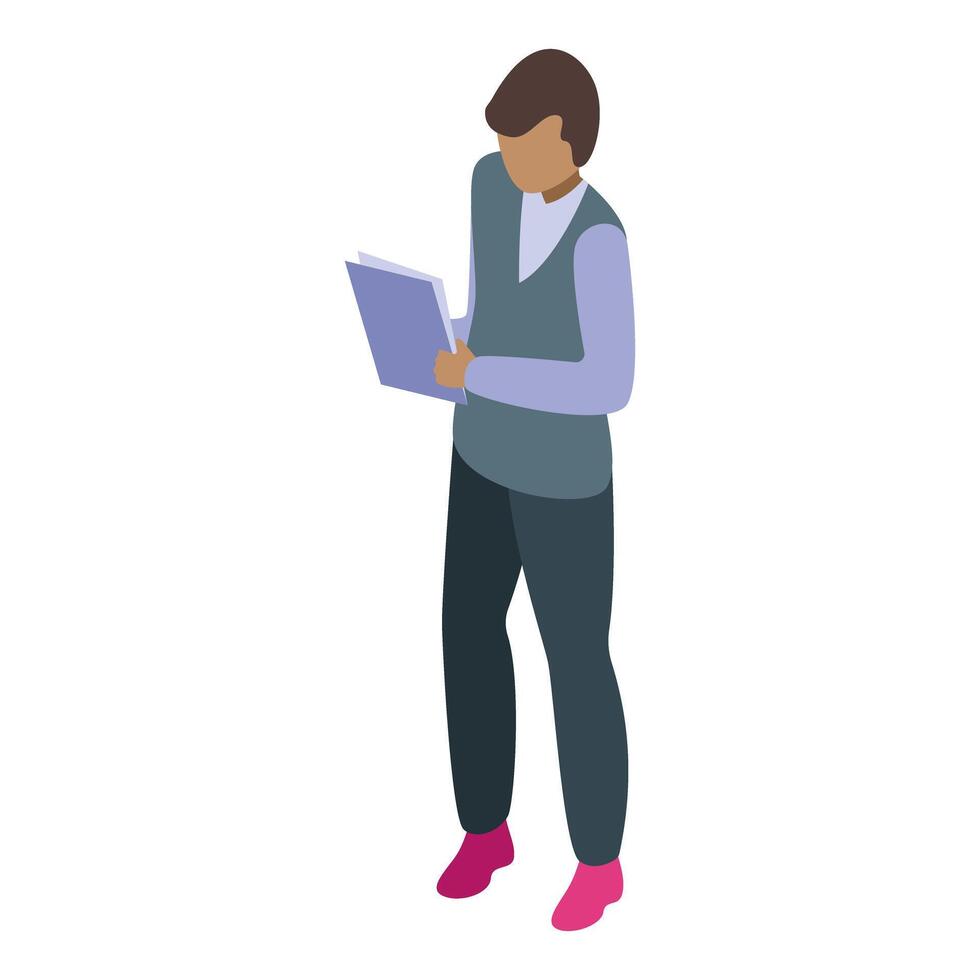 Office worker standing and reading document isometric icon vector