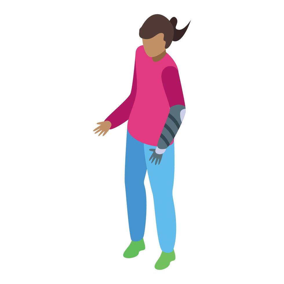Young woman standing with prosthetic arm isometric illustration vector