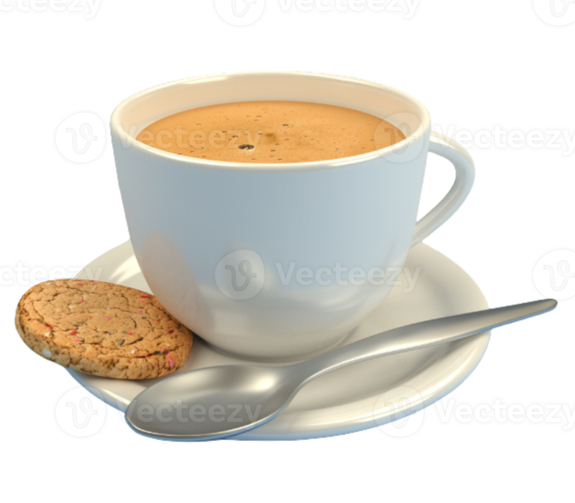 White coffee cup with spoon and cookie on transparent background png
