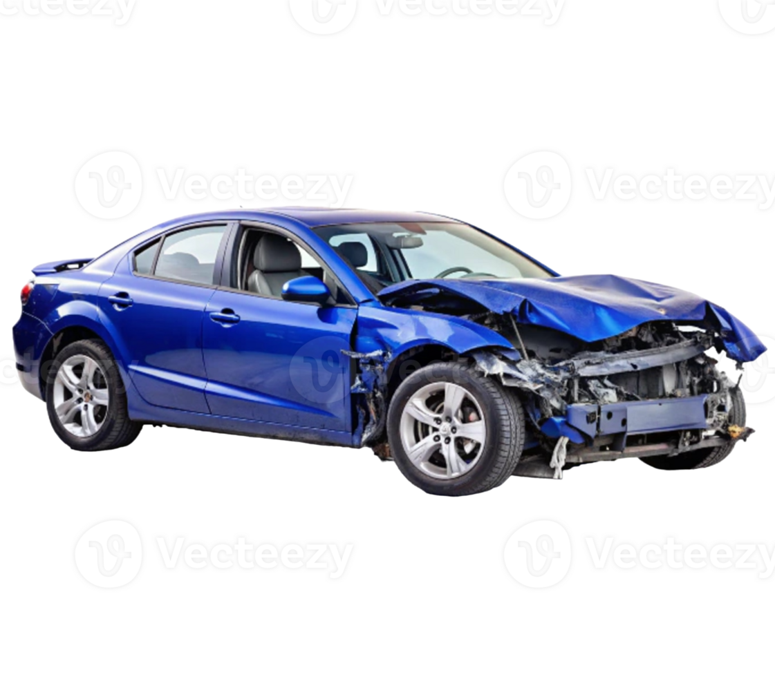 Blue car with severe front damage after a collision on transparent background png