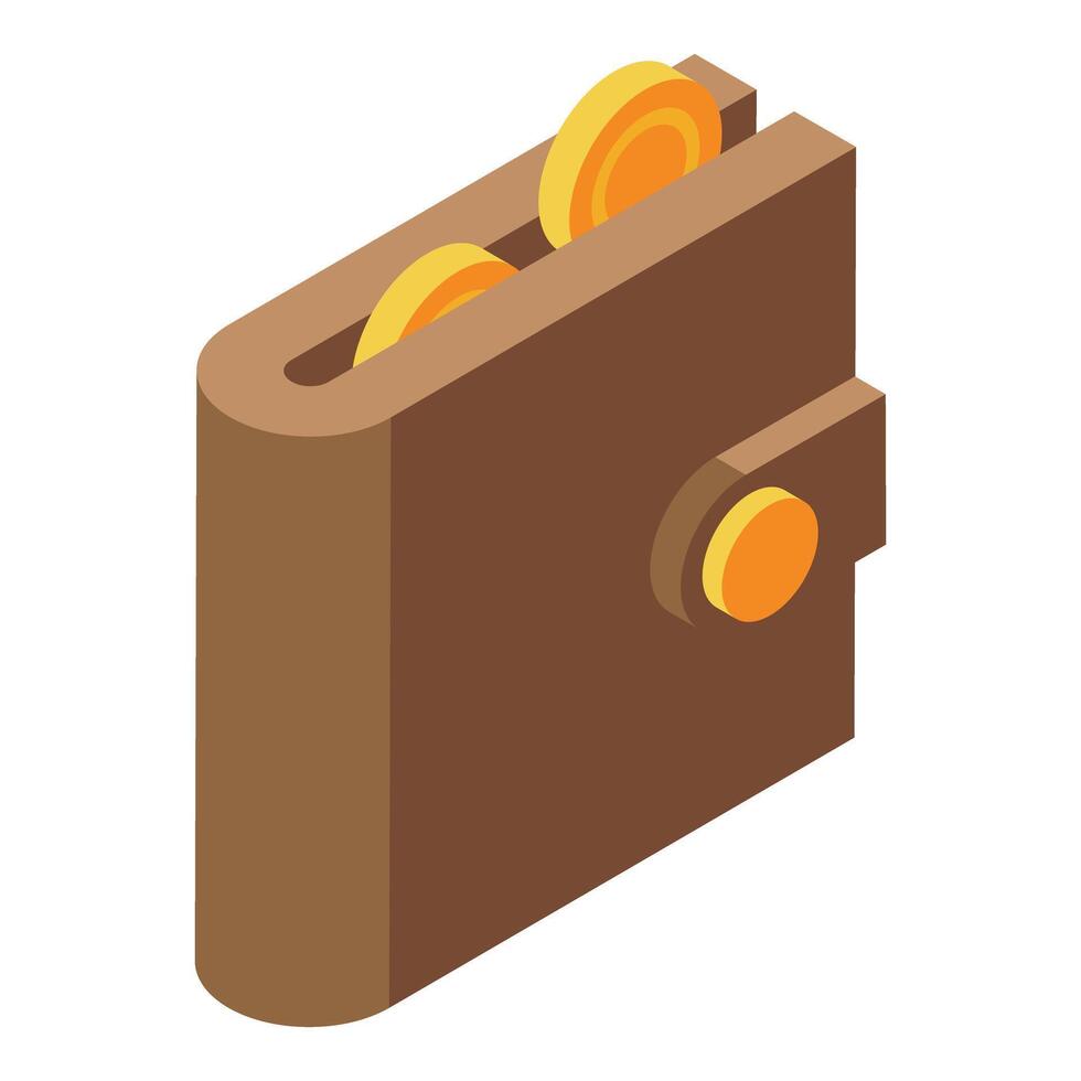 Brown leather wallet holding golden coins isometric illustration vector