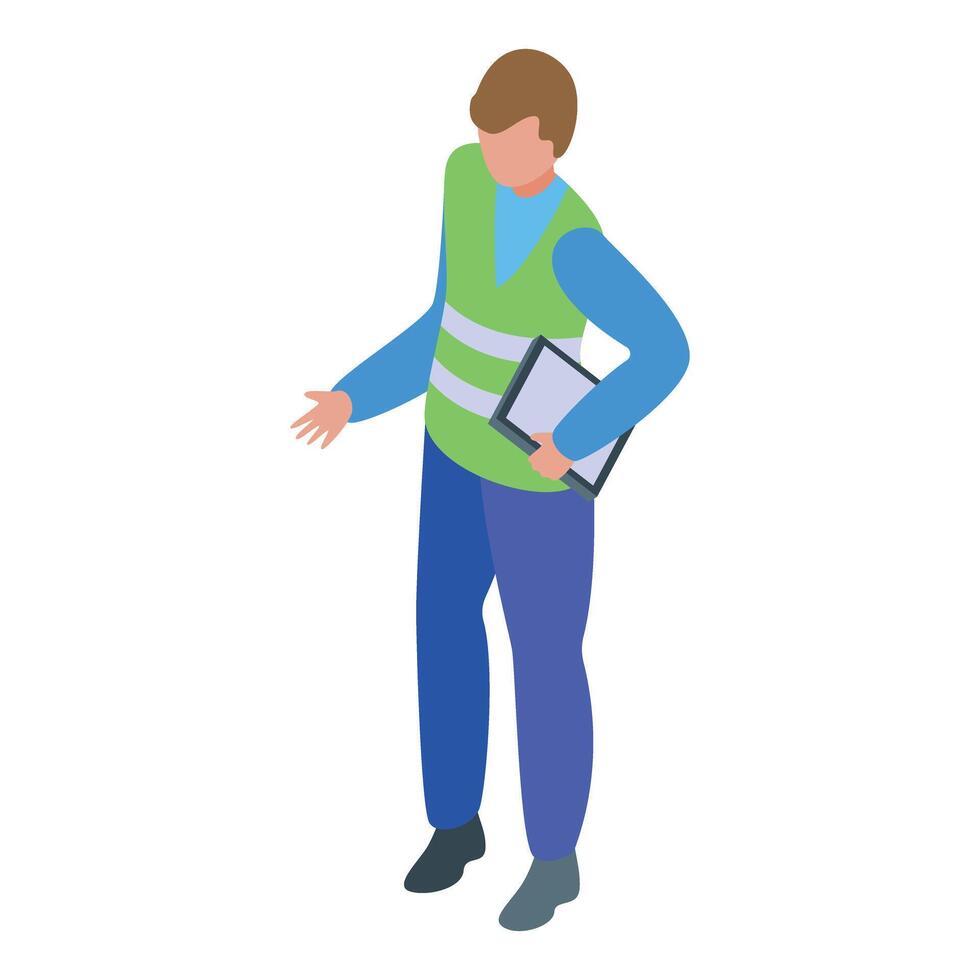Road construction worker holding tablet giving instructions vector