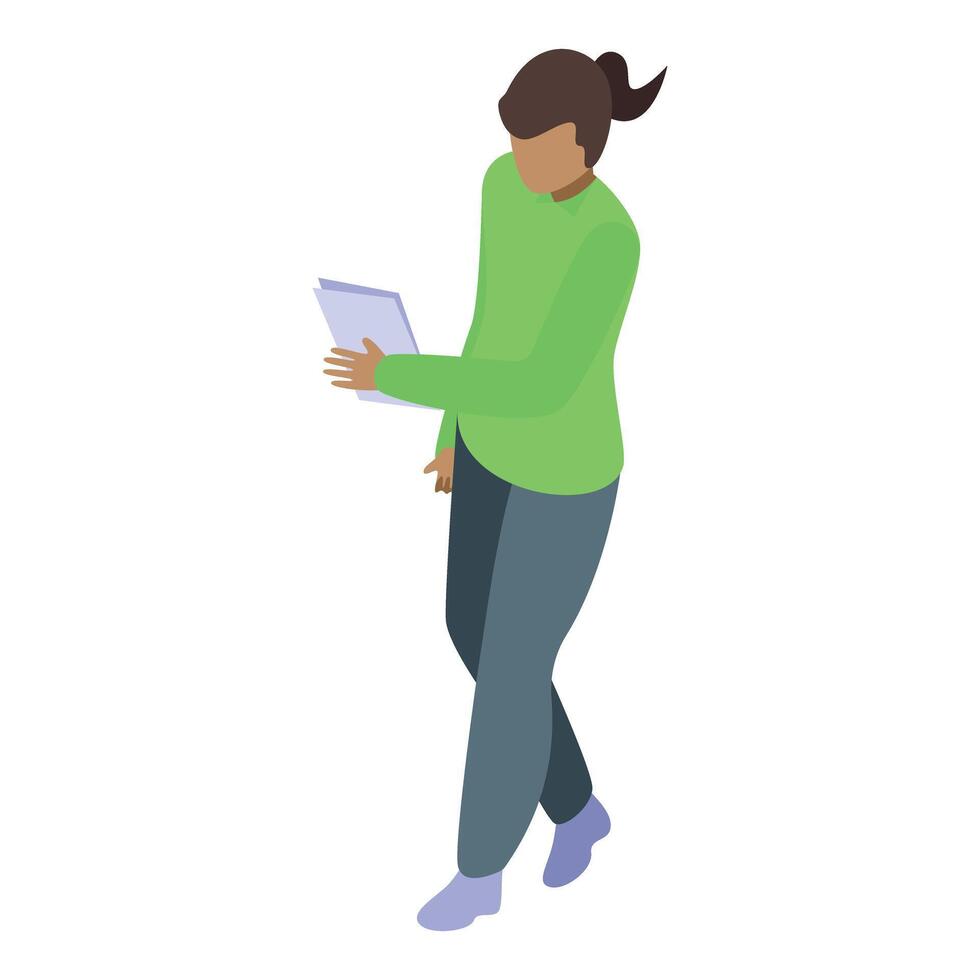 Young woman walking and reading documents isometric icon vector