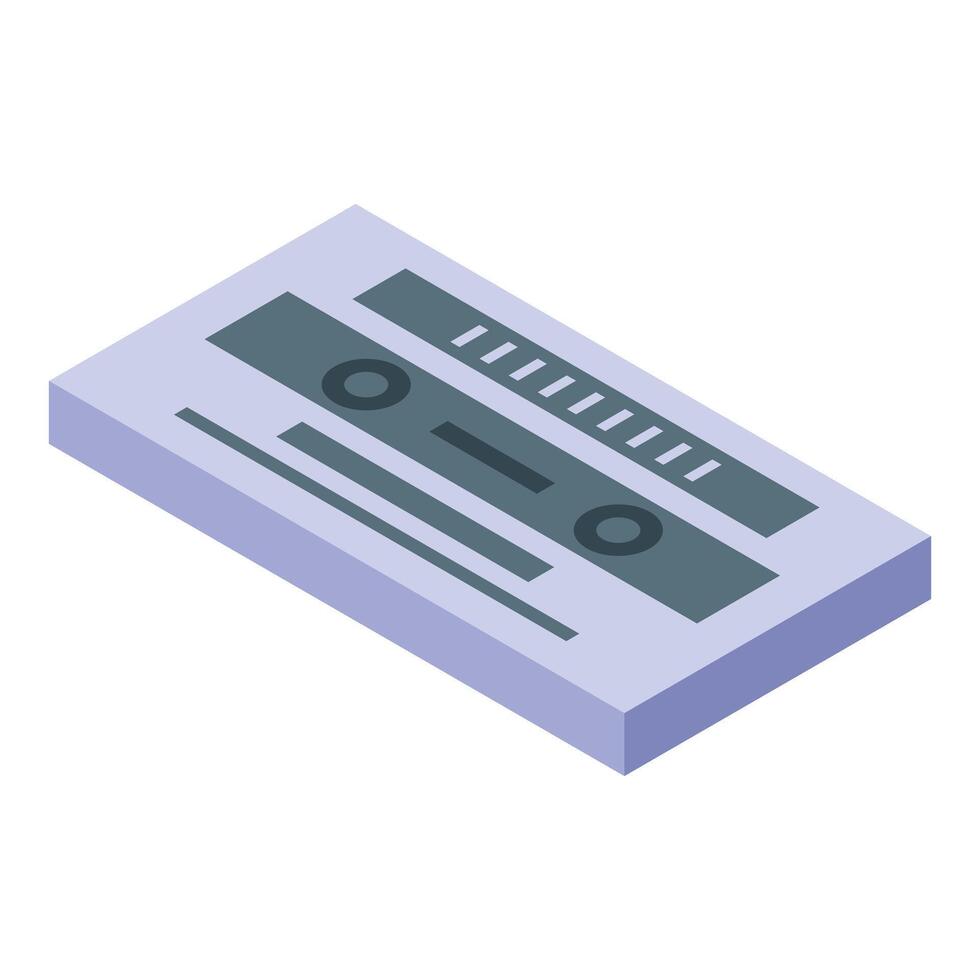 Audio cassette tape lying on surface with reels up isometric icon vector