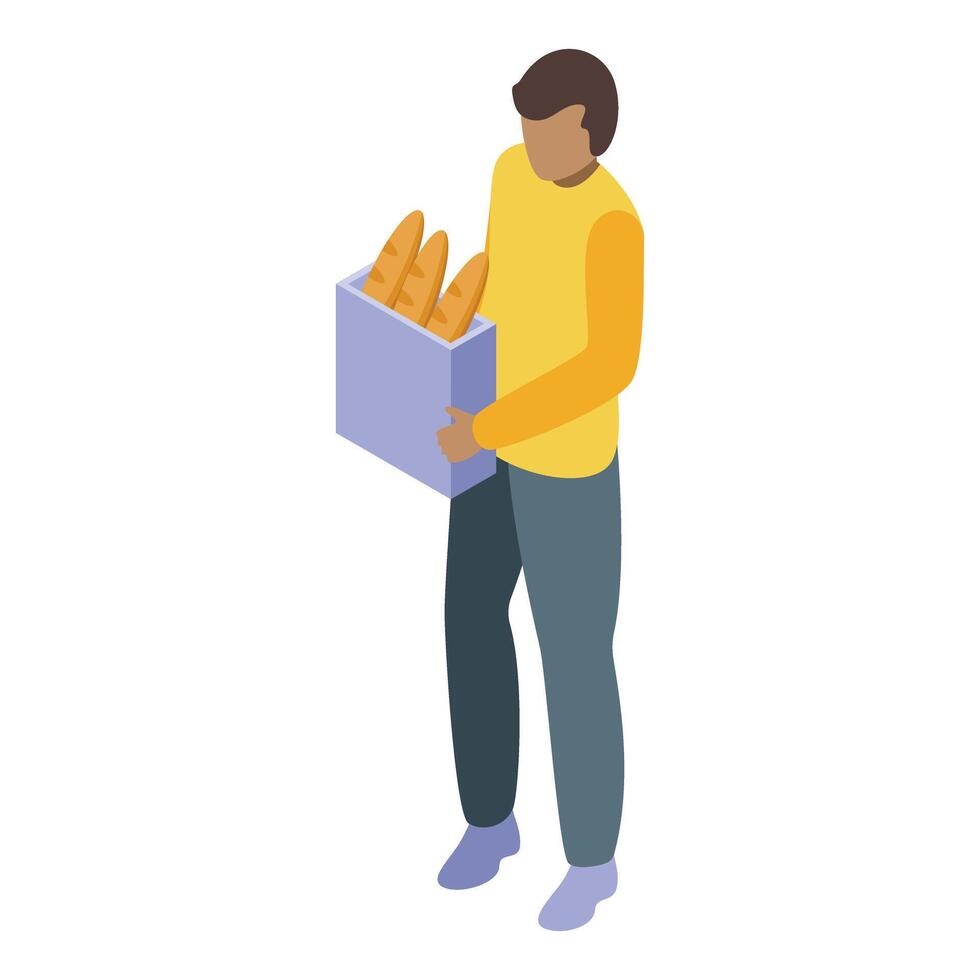 Delivery man holding cardboard box with baguettes vector