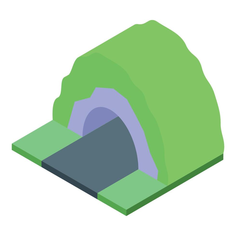 Road passing through tunnel in mountain covered with green grass isometric icon vector