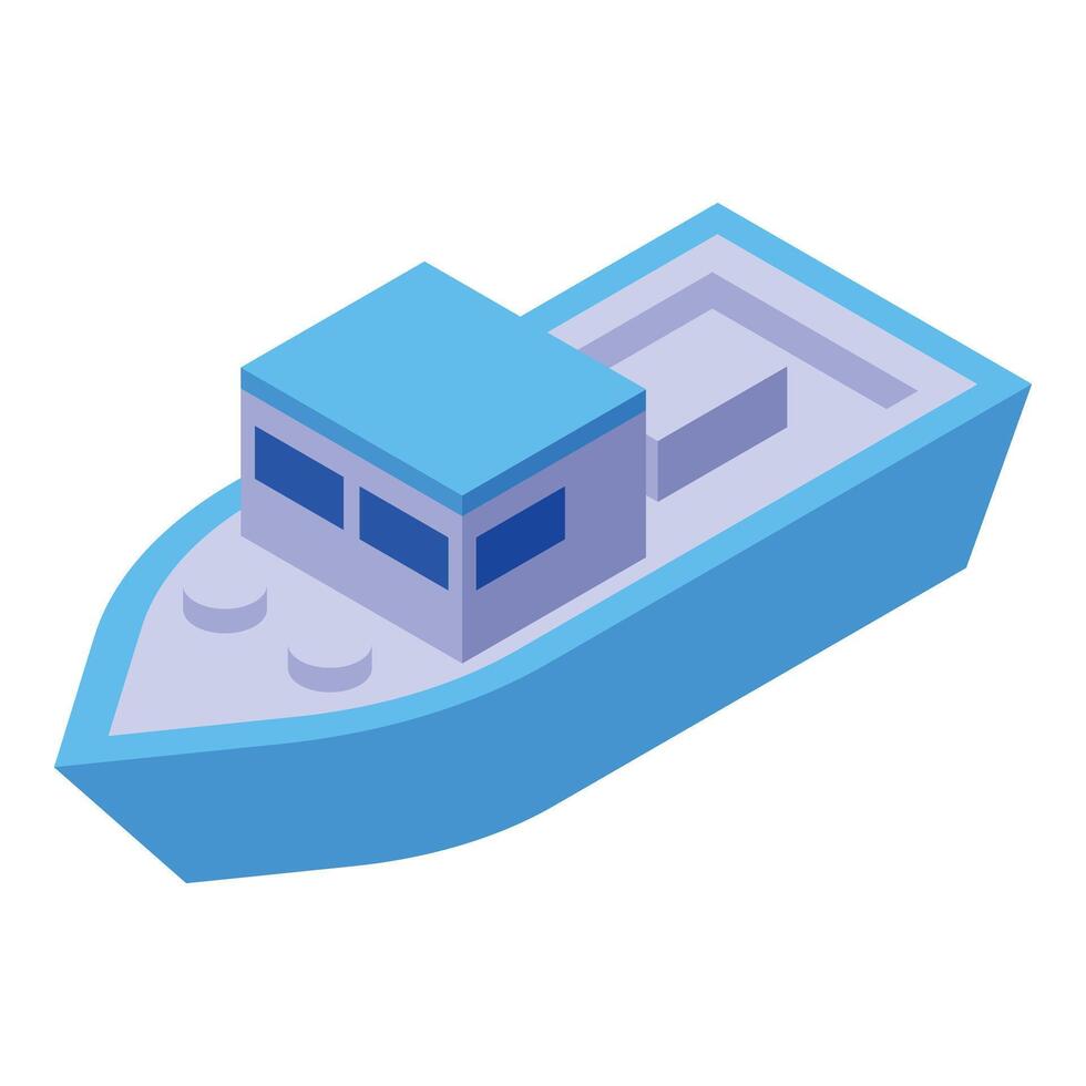Blue fishing boat floating on water in isometric view vector