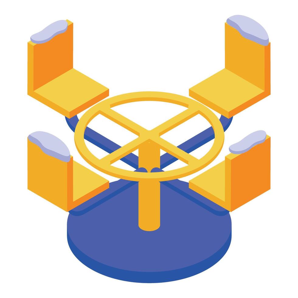 Yellow roundabout covered with snow standing on blue ground isometric illustration vector
