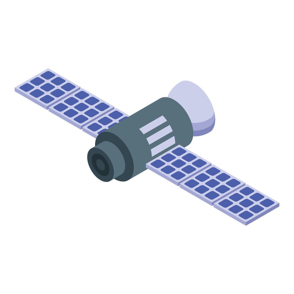 Space satellite orbiting earth transmitting signal with solar panels vector