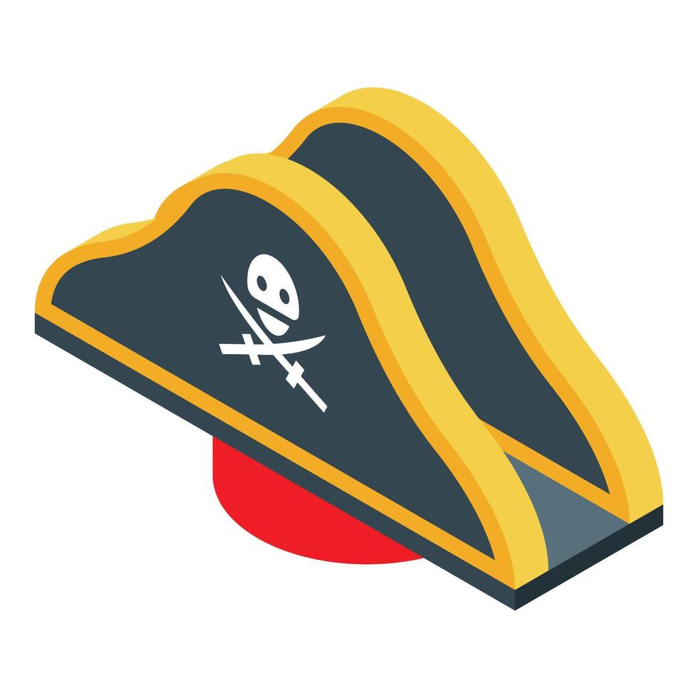 Black and yellow pirate hat with skull and swords isometric illustration vector