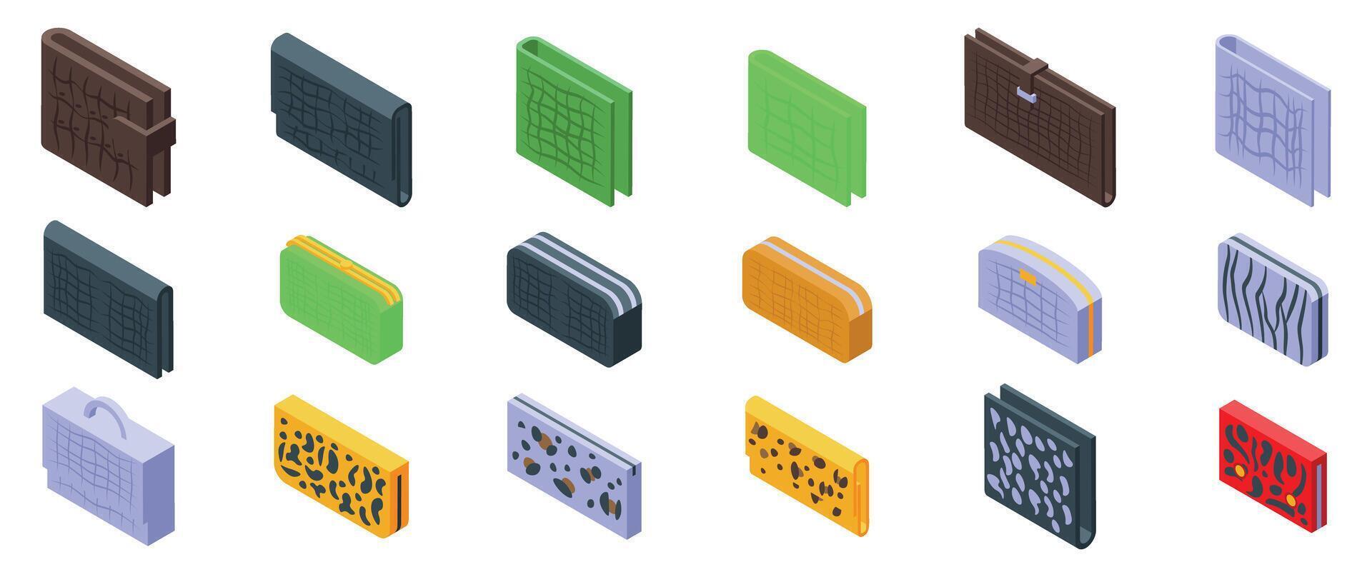 Animal print wallets icons set. Set of woman wallet icons, isometric style vector