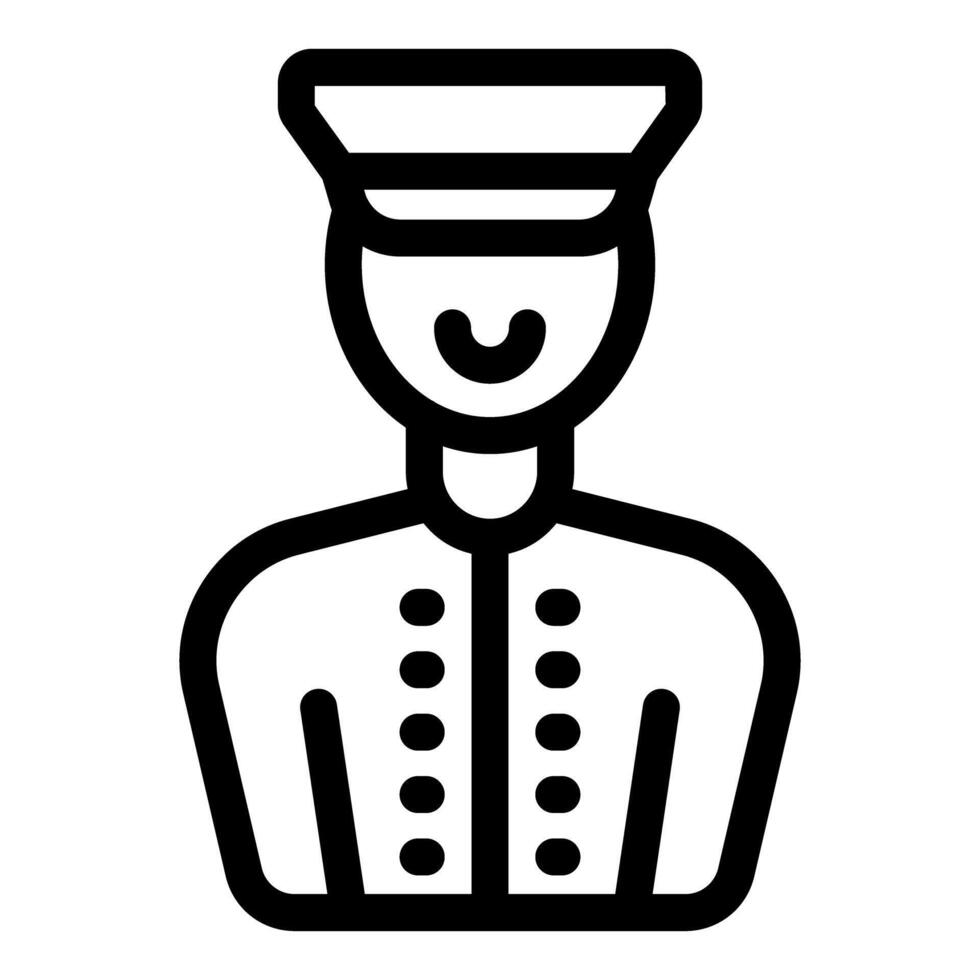 Smiling doorman wearing uniform and hat is greeting you icon vector