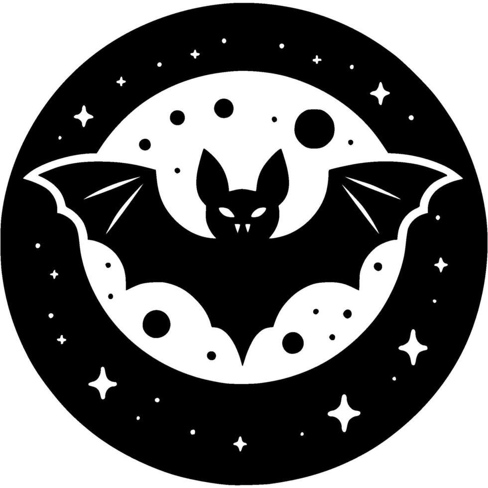Bat flies with its wings spread in the night sky against backdrop of full moon in monochrome. Simple minimalistic in black ink drawing on white background vector