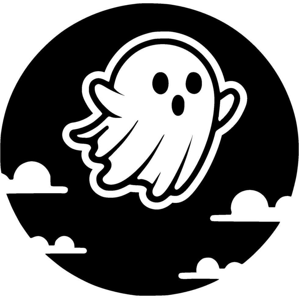 Creepy ghost flies in night sky label in monochrome. Simple minimalistic in black ink drawing on white background vector