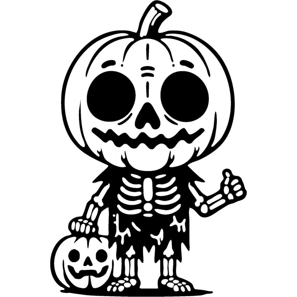 Halloween skeleton character in old tattered clothes with head of pumpkin in monochrome. Simple minimalistic in black ink drawing on white background vector