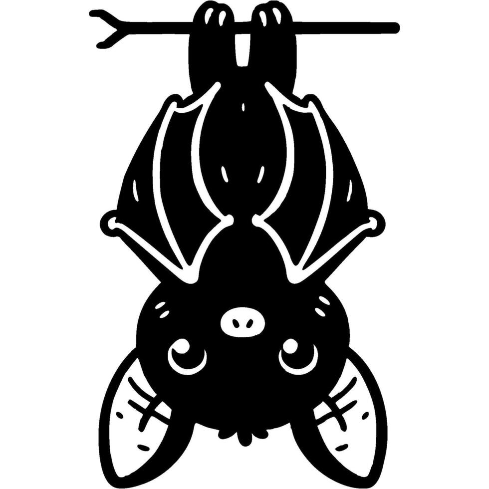 Bat hanging upside down with folded wings in monochrome. Simple minimalistic in black ink drawing on white background vector