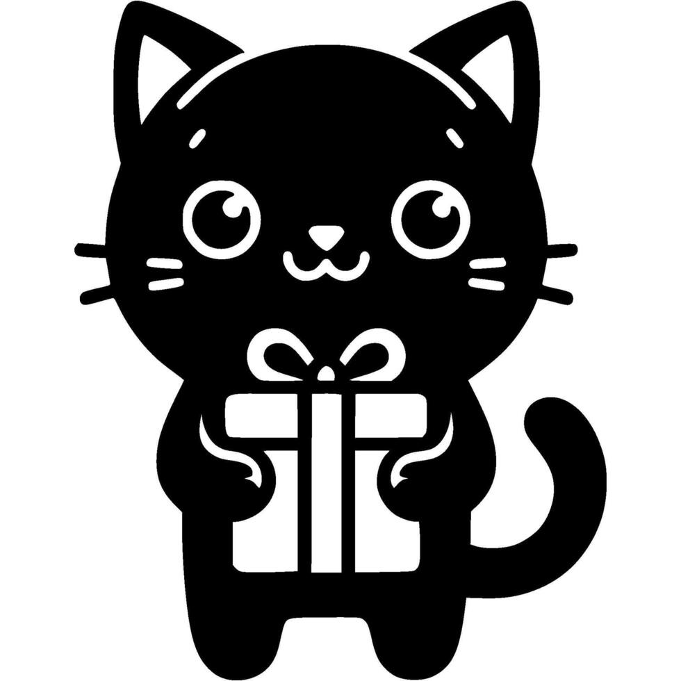 Little kitten holding gift box in paws in monochrome. Simple minimalistic in black ink drawing on white background vector