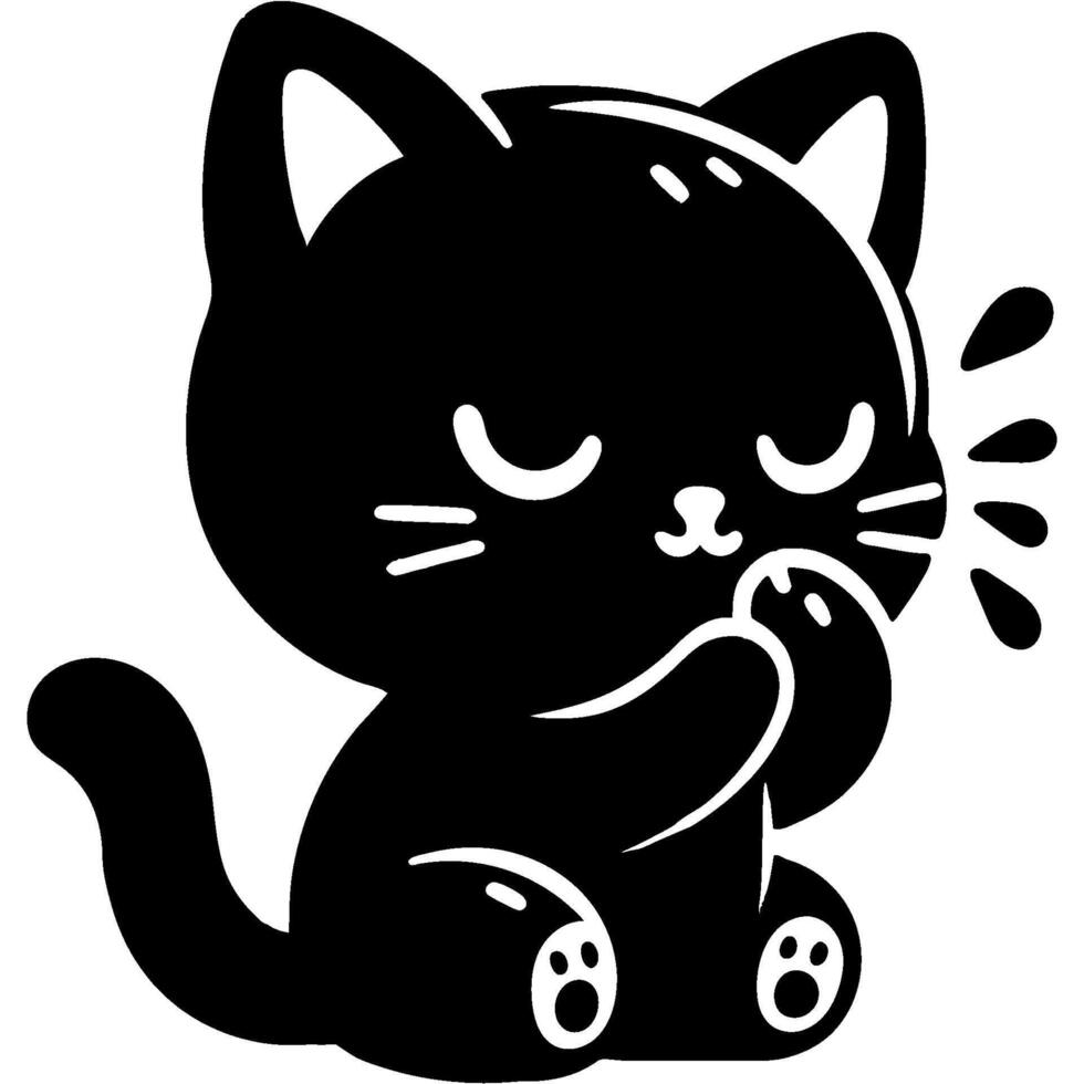 Small black kitten sits and washes its face with its paw in monochrome. Simple minimalistic in black ink drawing on white background vector