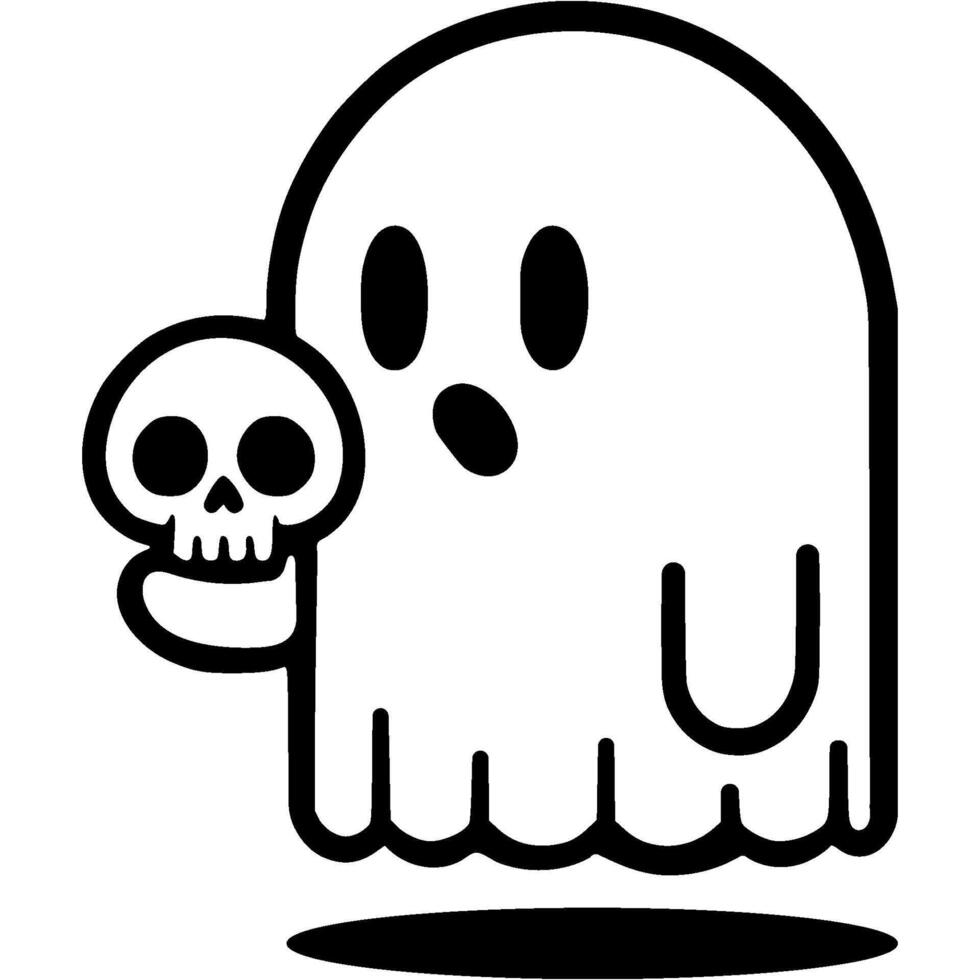 Funny ghost scares residents with a skull in his hand in monochrome. Simple minimalistic in black ink drawing on white background vector