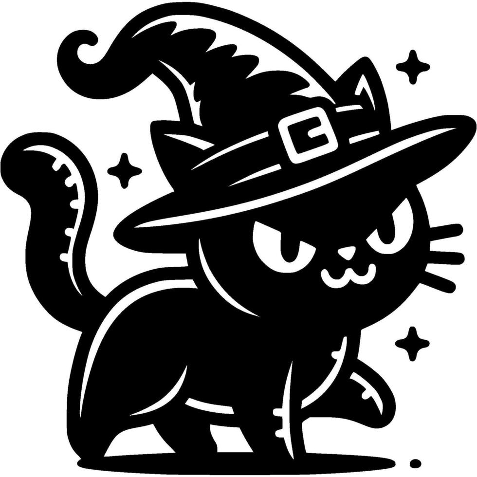Halloween black cat wearing dented witch hat in monochrome. Simple minimalistic in black ink drawing on white background vector