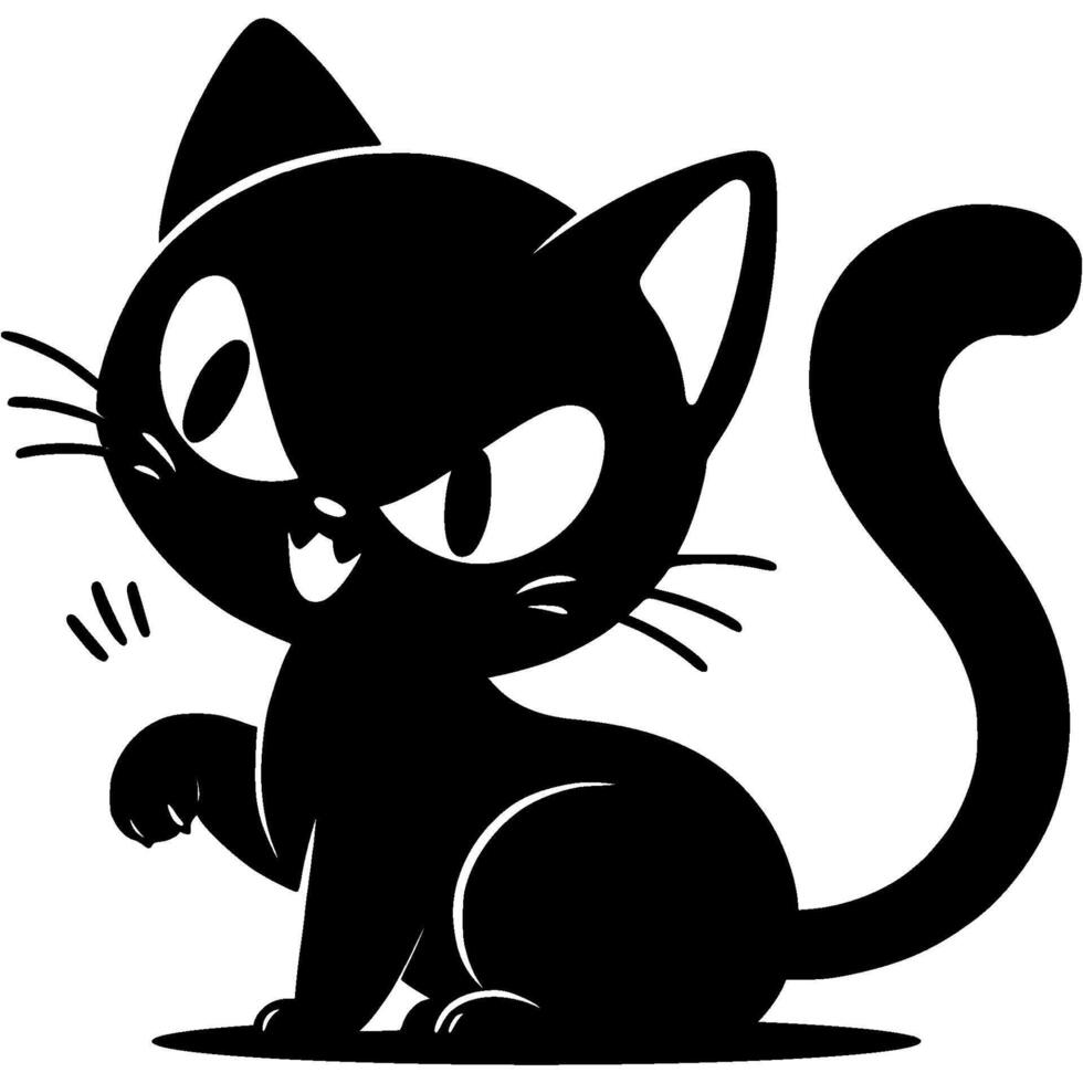 Hissing black cat prepared to scratch with a paw with sharp claws in monochrome. Simple minimalistic in black ink drawing on white background vector