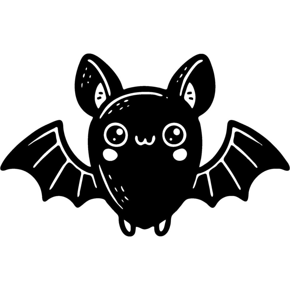 Good natured black bat flies with its wings spread in monochrome. Simple minimalistic in black ink drawing on white background vector