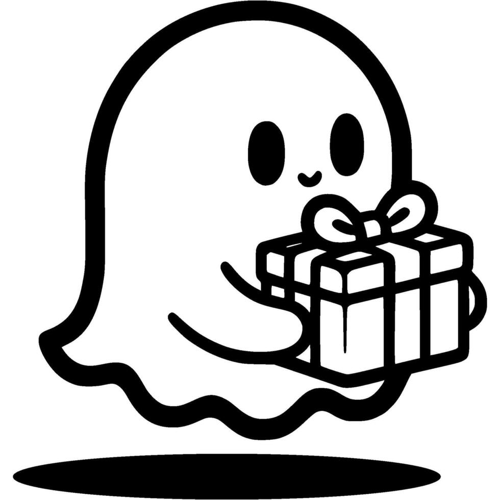 Halloween ghost carrying a gift box in her hands in monochrome. Simple minimalistic in black ink drawing on white background vector