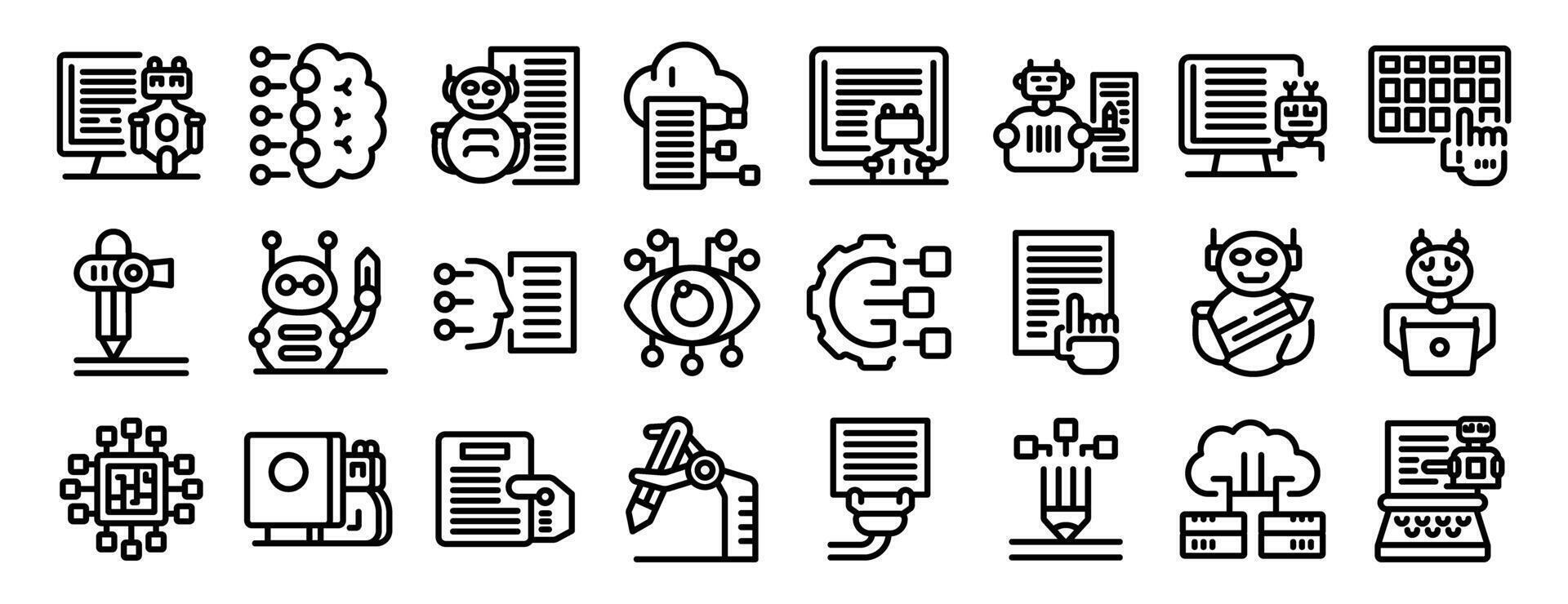 Robot-writer icons set. Artificial intelligence creating and managing content using machine learning algorithms vector