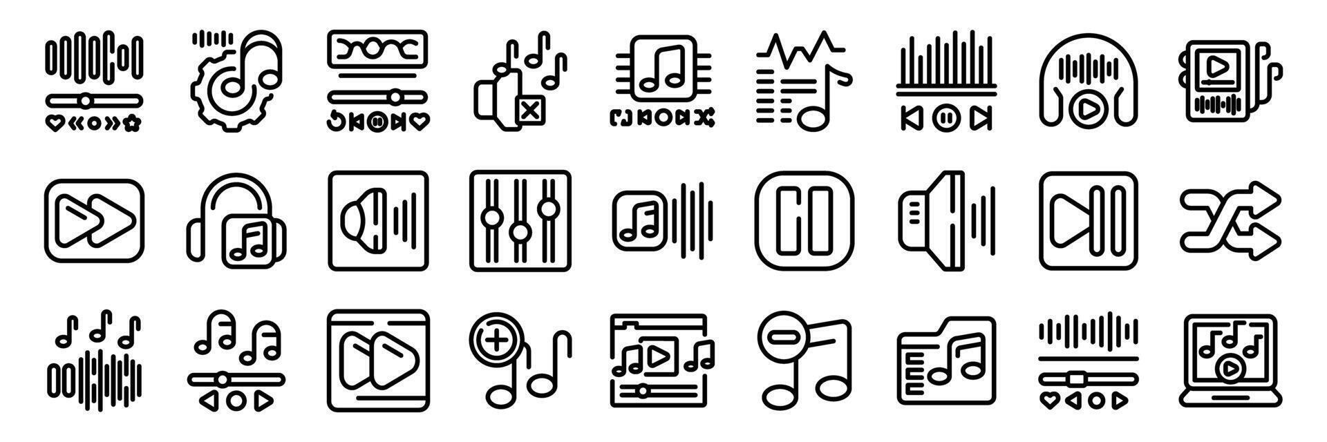 Playback music icons set. Music production software interface elements showing sound recording and audio editing vector