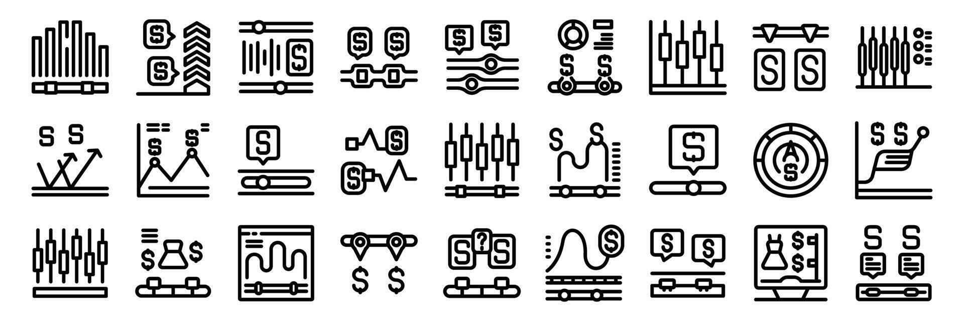 Price range icons set. Set of trading strategy, stock exchange, and financial management line icons vector