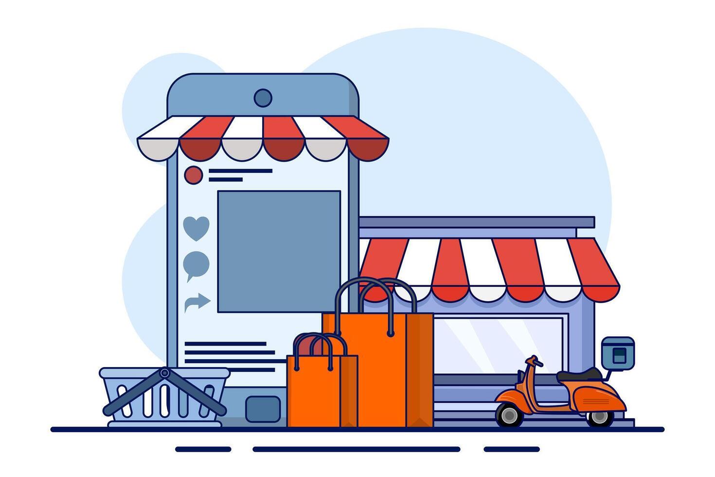 The concept of online shopping vs offline stores compares the convenience and variety of e-commerce with the in-person physical retail experience. Traditional shop mall building and e-commerce mobile vector