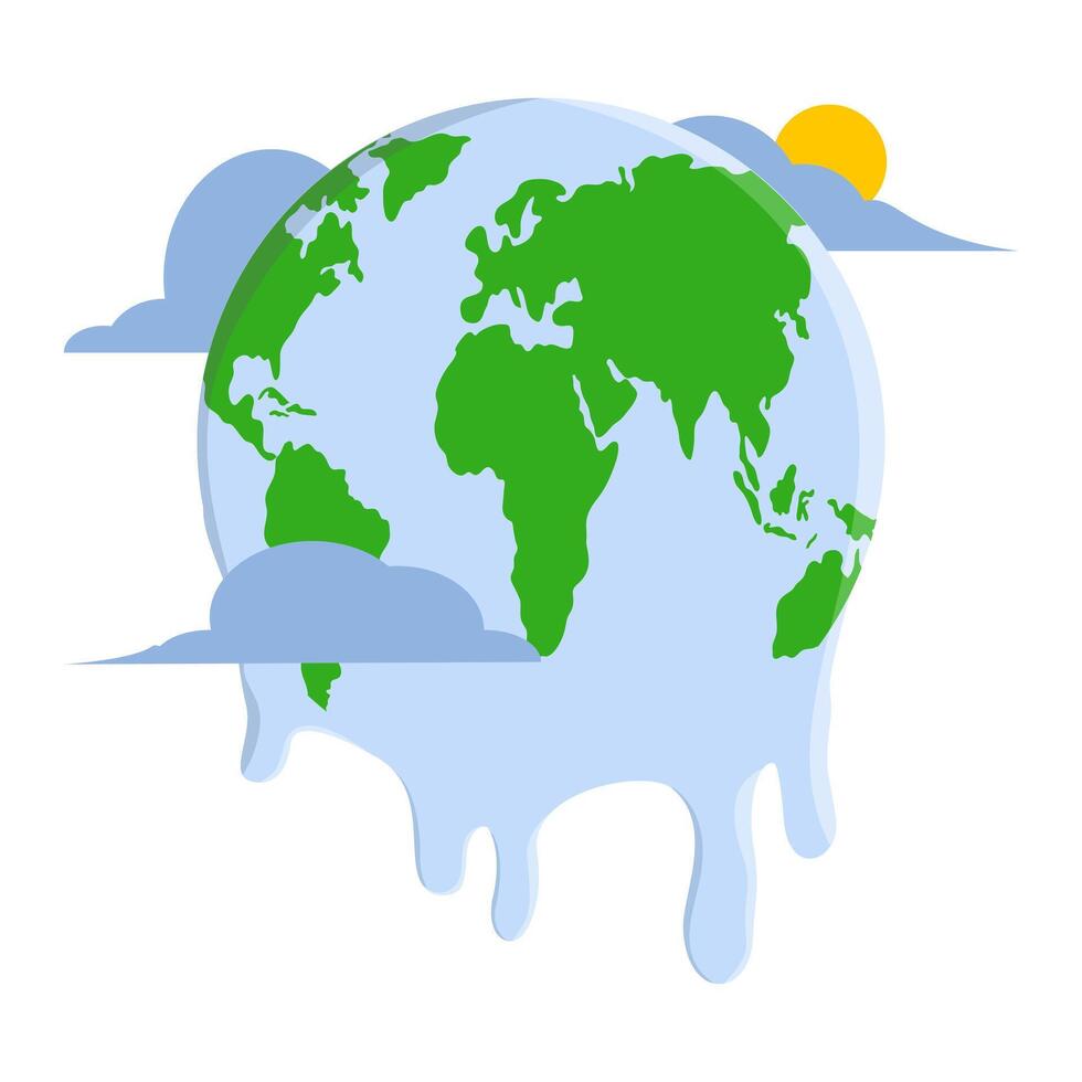 Global Warming Concept. Melting Ball and Thermometer. global warming environment. Climate change risks global greenhouse warming. greenhouse gas emissions, deforestation. Flat illustration. vector