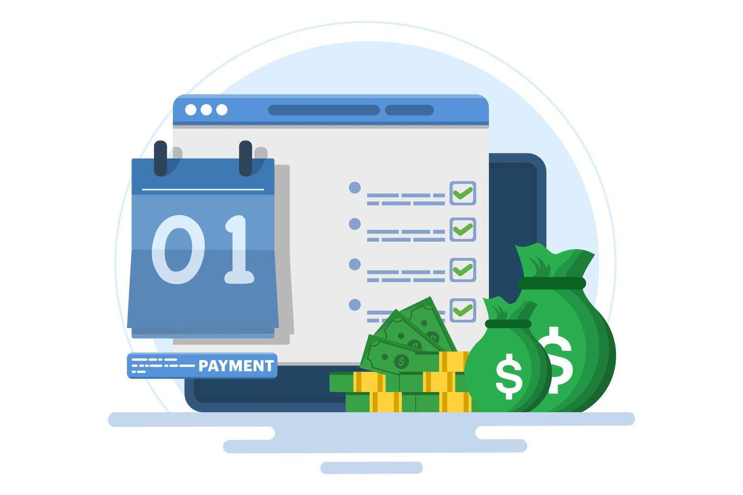 Money payment date schedule or agenda concept in flat cartoon calendar, illustrated task list and cash schedule reminder notice, tax or loan payment time idea, budget or financial plan. flat . vector