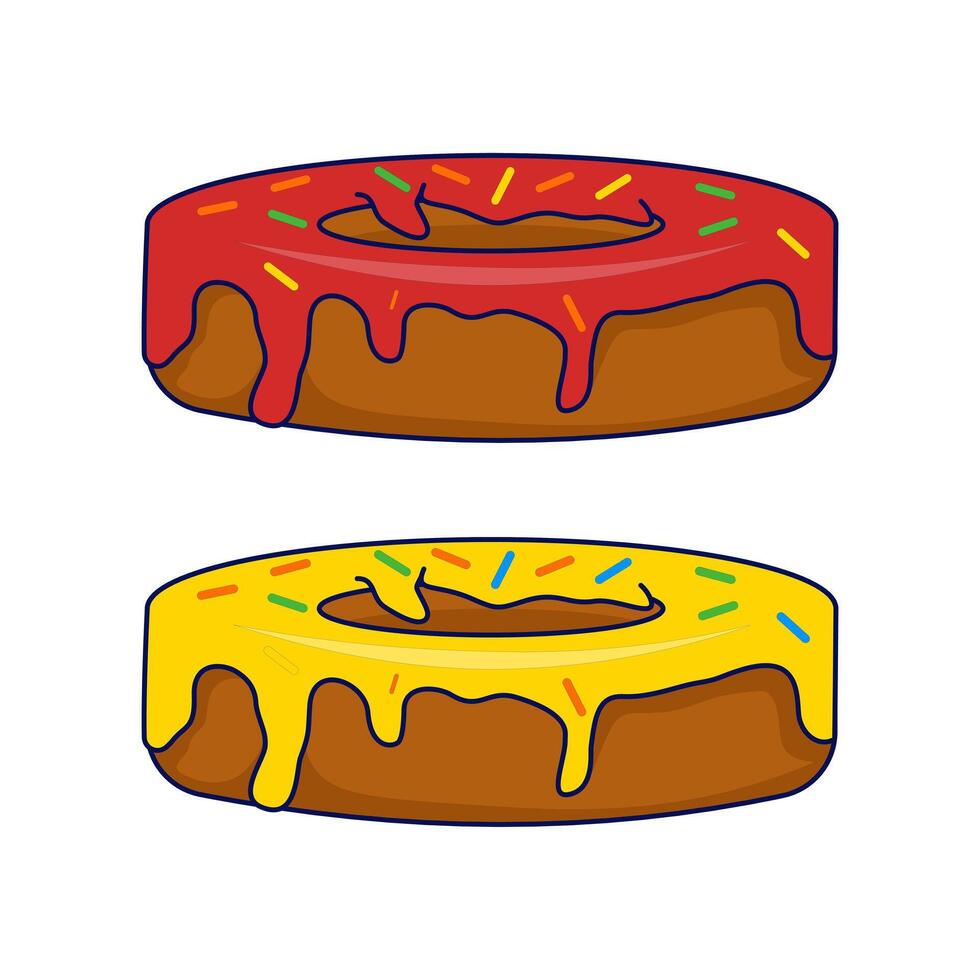 Donut concept with different toppings. Cartoon donuts with different toppings, delicious sweet dessert. Top view donuts with chocolate glaze and sprinkles, flat illustration. vector