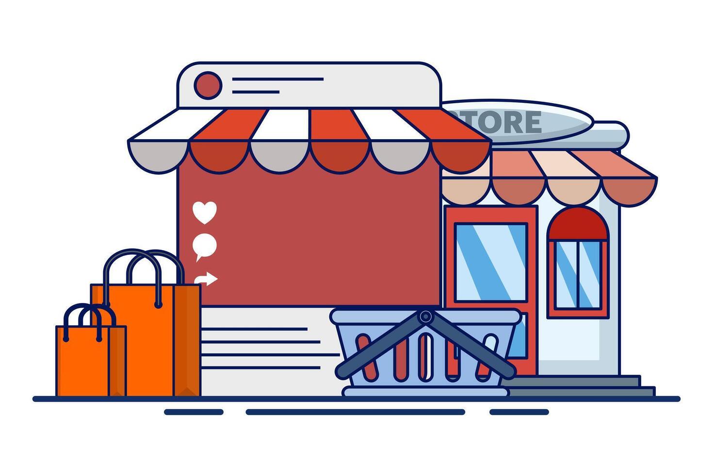 The concept of online shopping vs offline stores compares the convenience and variety of e-commerce with the in-person physical retail experience. Traditional shop mall building and e-commerce mobile vector
