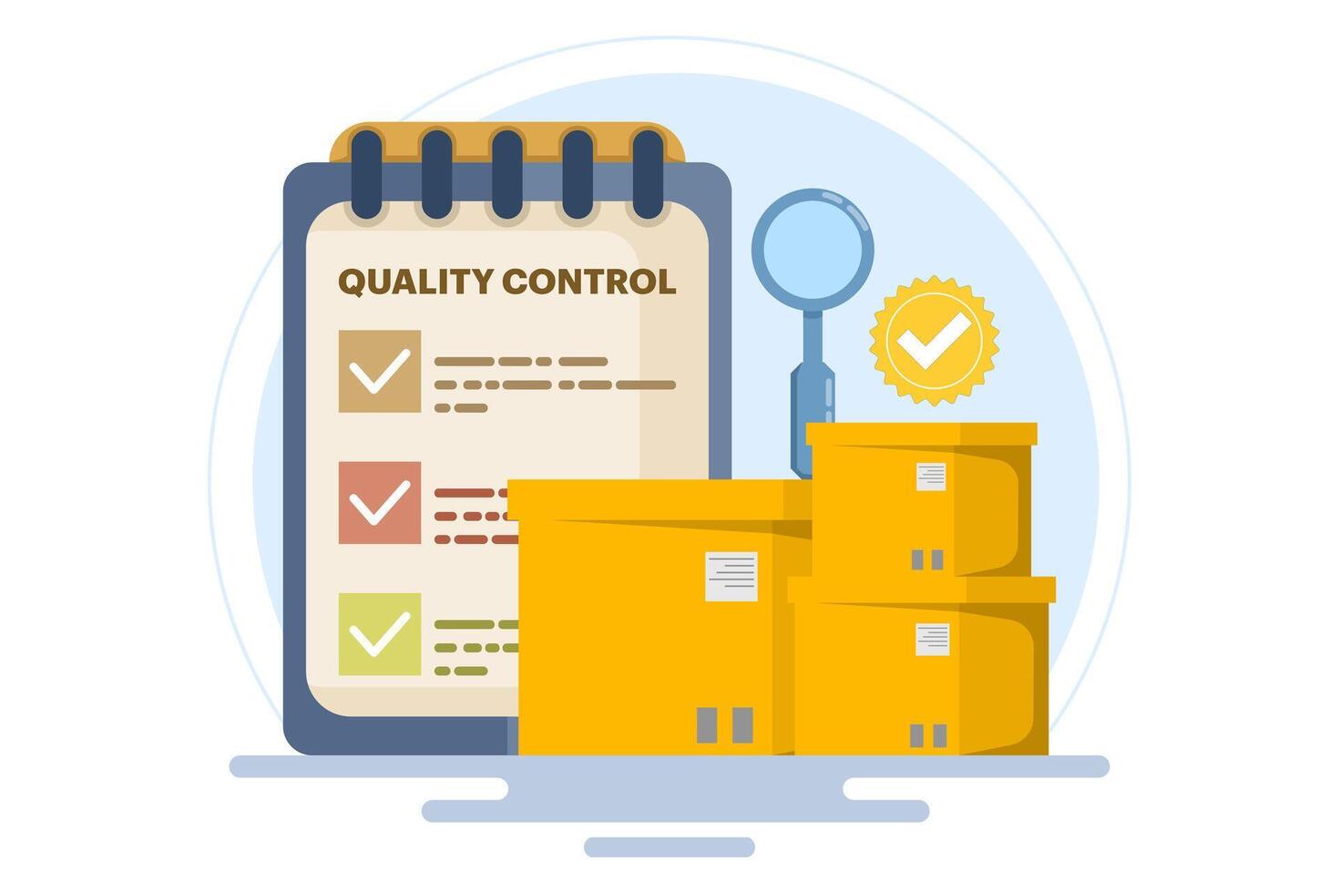 the concept of quality control assurance, QC to check quality and provide certification or approval, processes to ensure product excellence and service delivery. flat illustration. vector