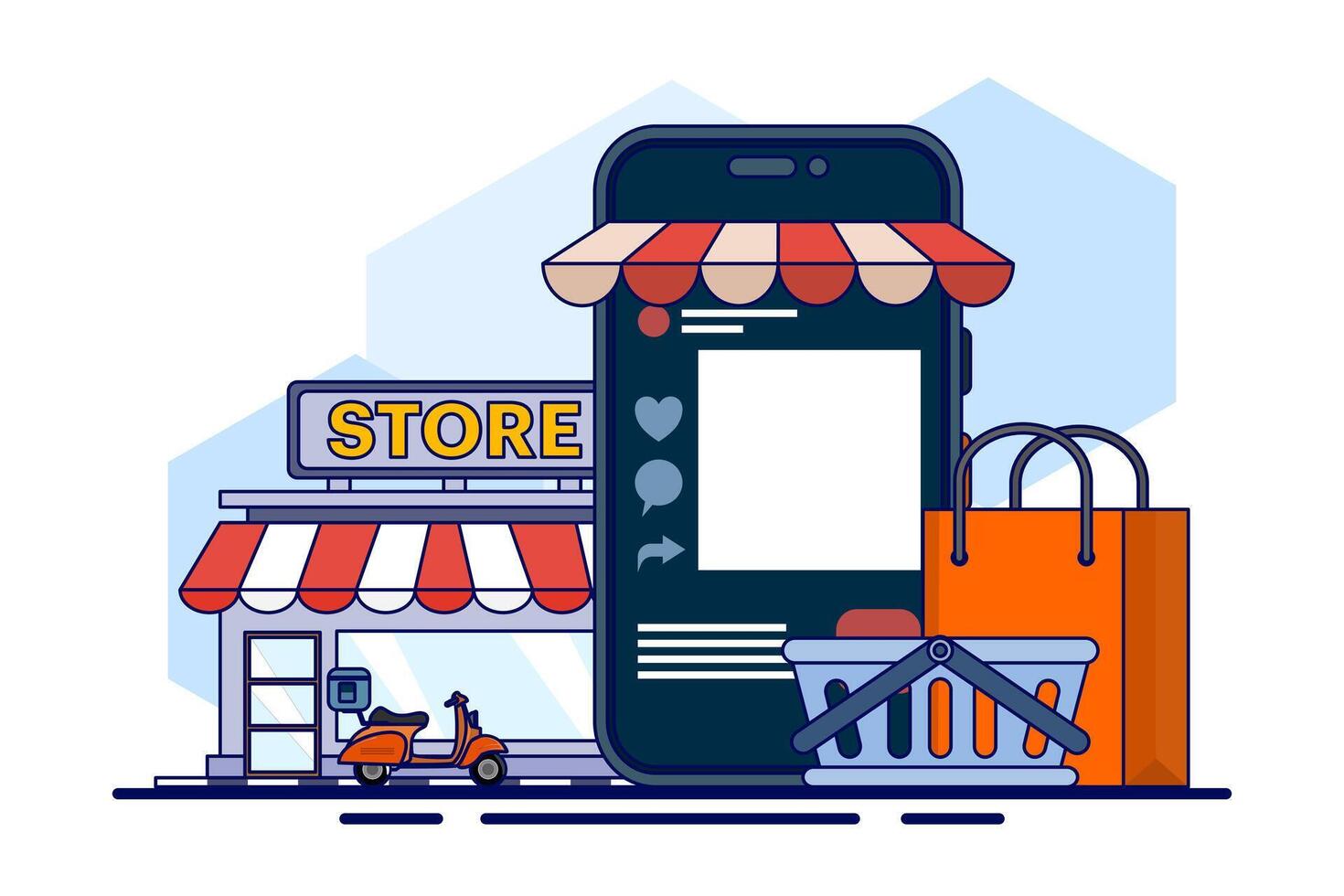 The concept of online shopping vs offline stores compares the convenience and variety of e-commerce with the in-person physical retail experience. Traditional shop mall building and e-commerce mobile vector