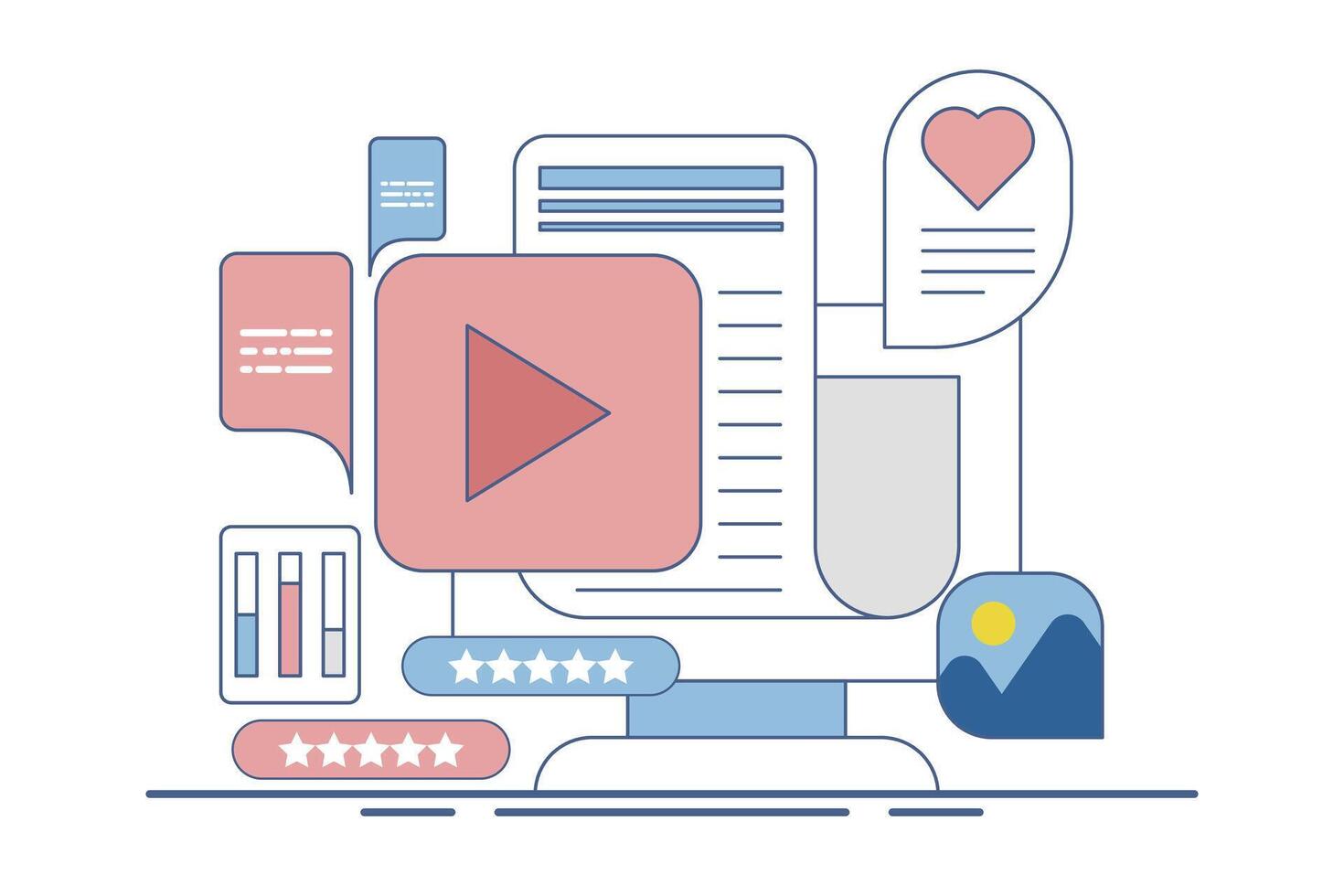 content concept for content marketing on social media. Content that attracts likes, shares, audience engagement, Content with audience reaction, illustration with icons on the background. vector