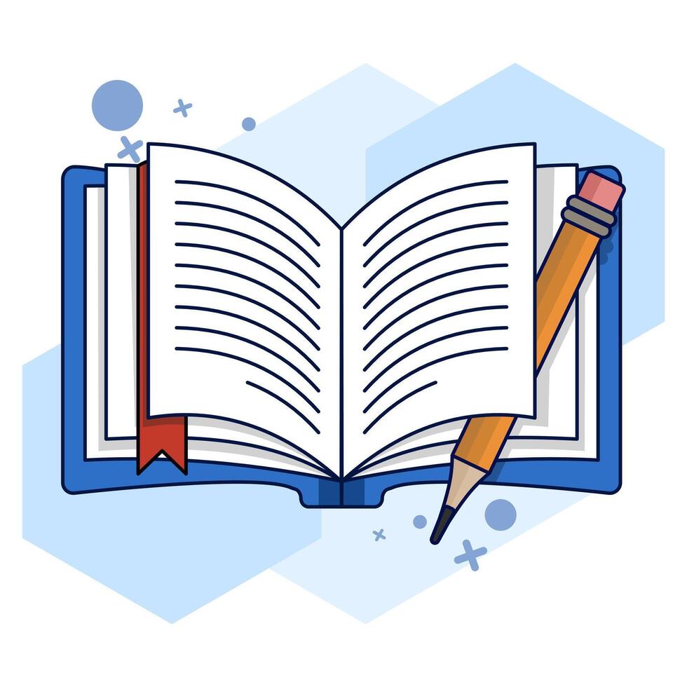 School Object Concept. Open Book and Pencil. Open book icon. top view of notebook, hard cover diary paper, pencil. Educational objects, magazine articles, dictionary pages. illustration. vector
