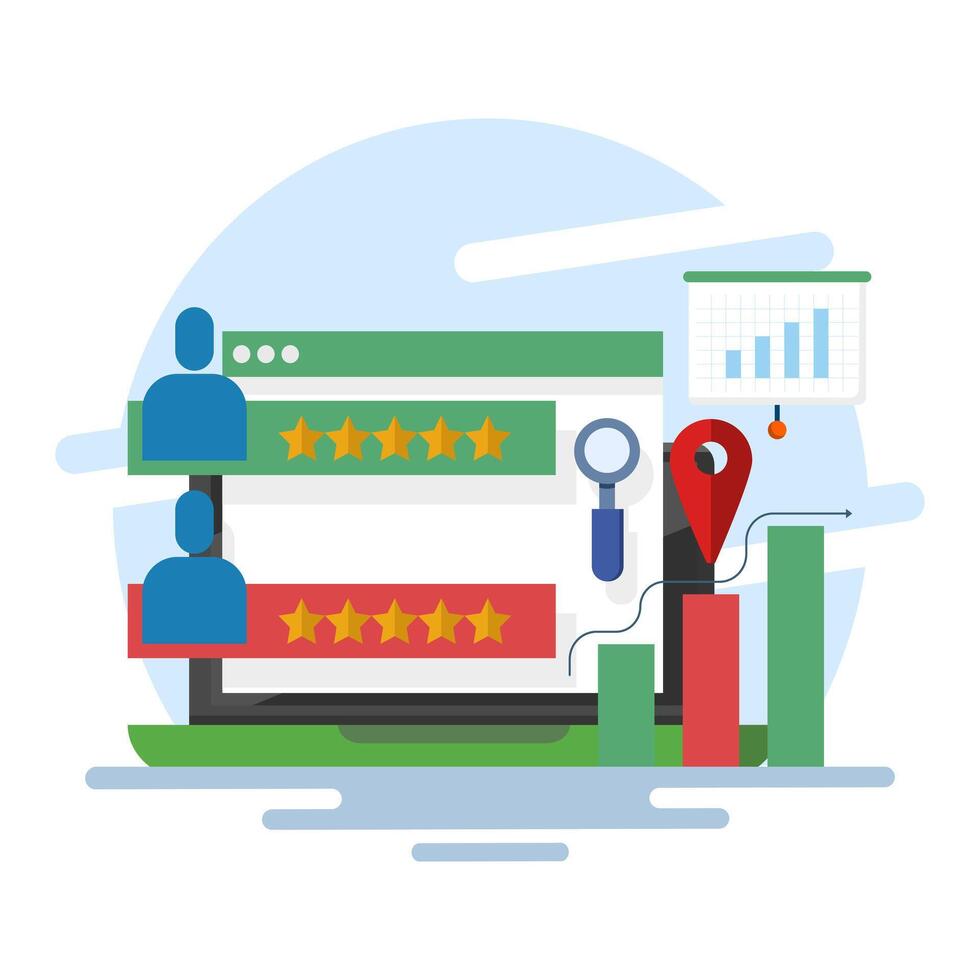 Concept of search analysis, marketing tools, website traffic, marketing reports, analytics analyzing site data and studying graphs on screen and developing strategies. flat illustration. vector