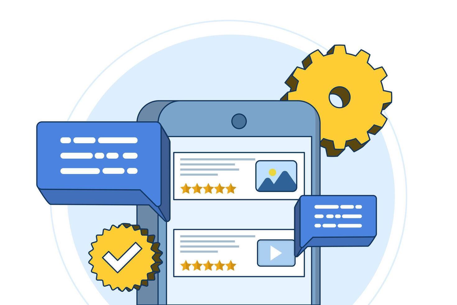 The concept of monitoring review management, analyzing customer reviews, and responding to improve reputation and customer satisfaction. Reputation management with online feedback review responses. vector