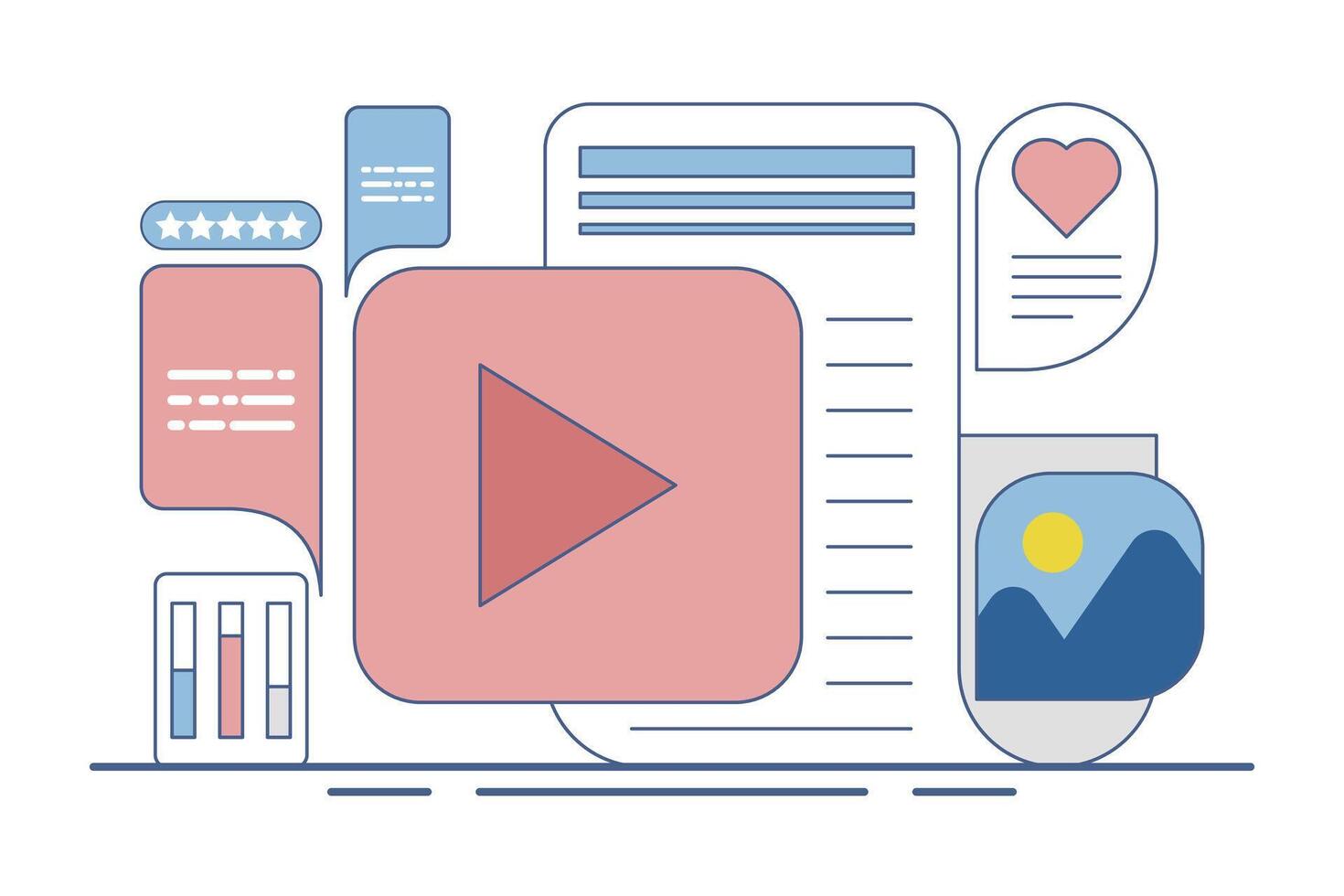 content concept for content marketing on social media. Content that attracts likes, shares, audience engagement, Content with audience reaction, illustration with icons on the background. vector