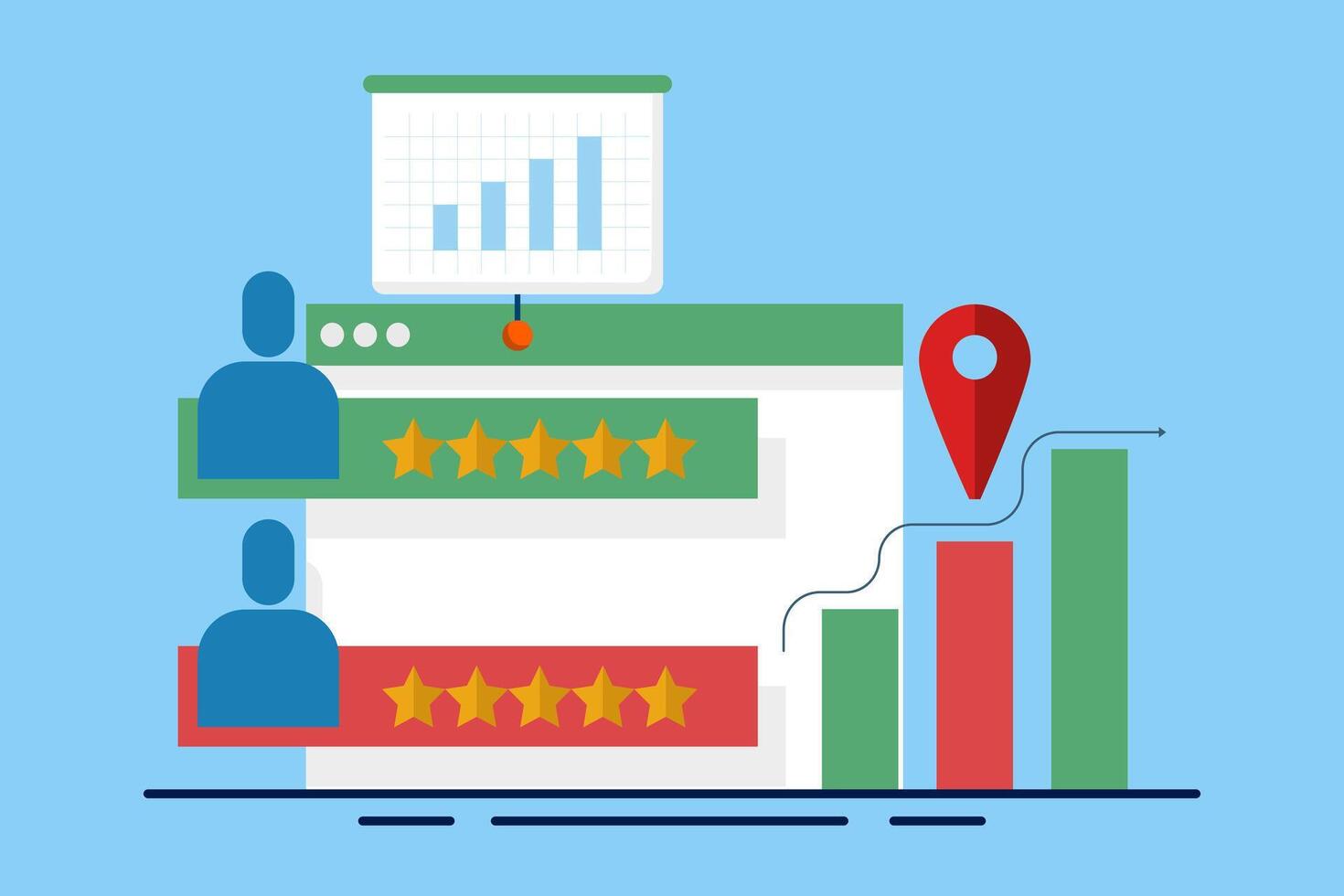 Concept of search analysis, marketing tools, website traffic, marketing reports, analytics analyzing site data and studying graphs on screen and developing strategies. flat illustration. vector