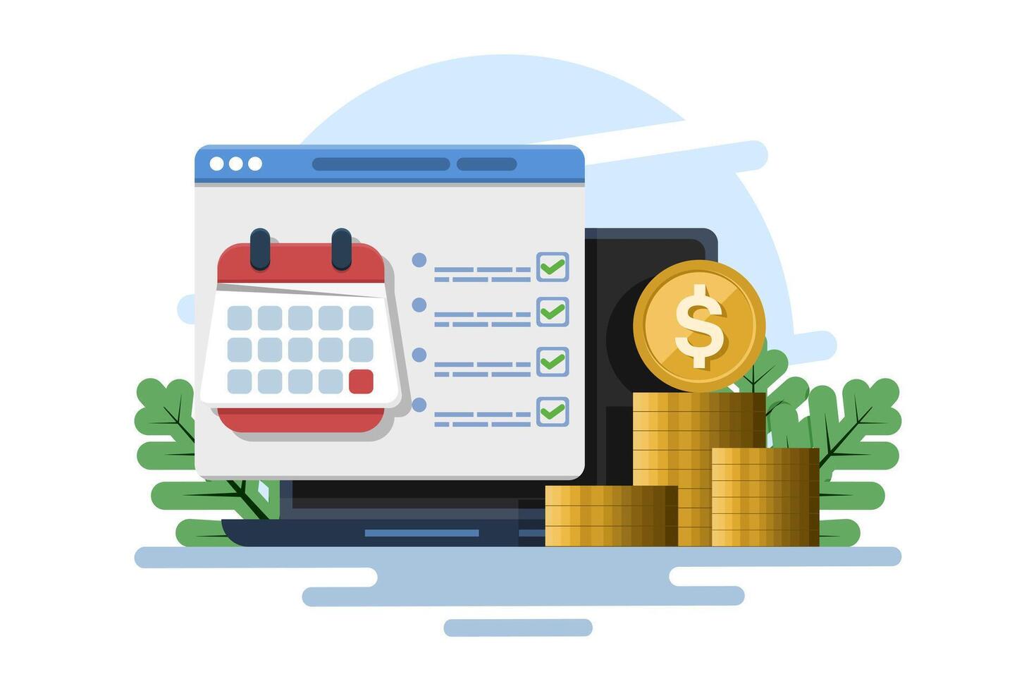 Money payment date schedule or agenda concept in flat cartoon calendar, illustrated task list and cash schedule reminder notice, tax or loan payment time idea, budget or financial plan. flat . vector