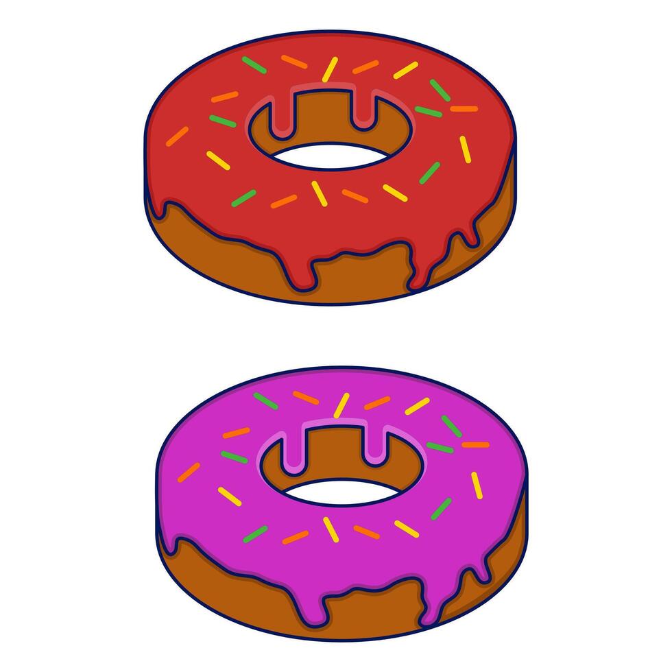 Donut concept with different toppings. Cartoon donuts with different toppings, delicious sweet dessert. Top view donuts with chocolate glaze and sprinkles, flat illustration. vector