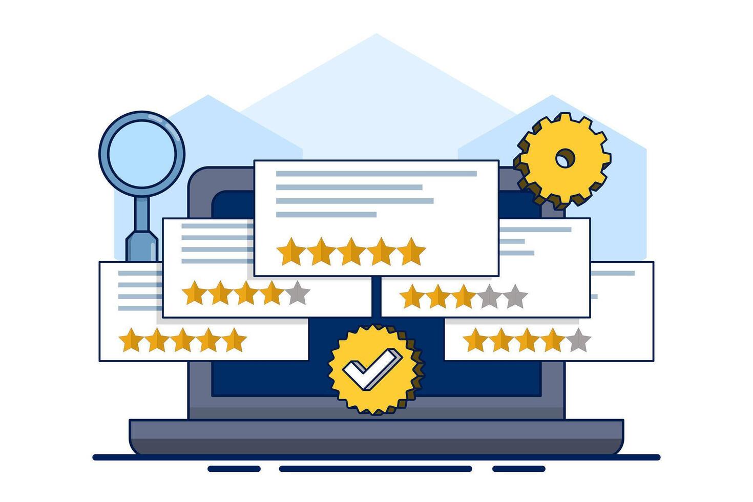 The concept of monitoring review management, analyzing customer reviews, and responding to improve reputation and customer satisfaction. Reputation management with online feedback review responses. vector