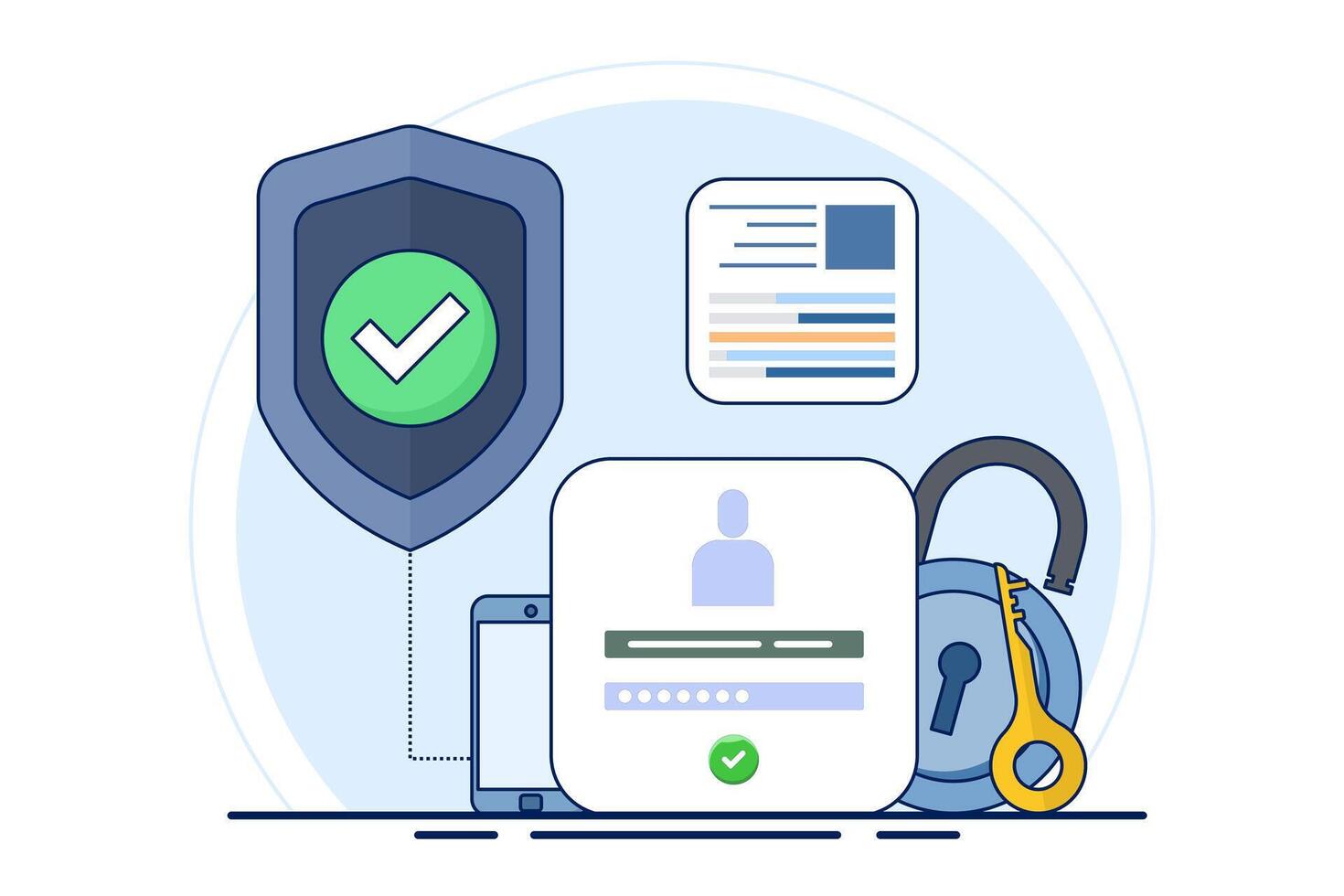 Online authentication concept, strong password for cyber security, high protection and security for login account, secure data privacy, lock user account with strong keypad. illustration. vector