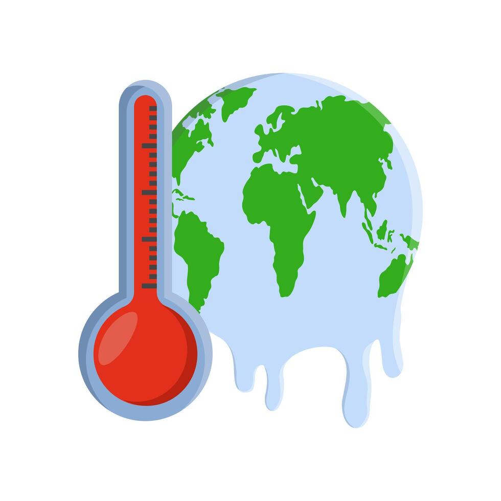 Global Warming Concept. Melting Ball and Thermometer. global warming environment. Climate change risks global greenhouse warming. greenhouse gas emissions, deforestation. Flat illustration. vector